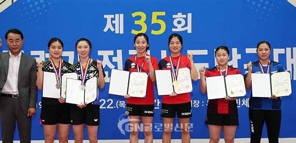 일반부 여자복식 에서 우승을 차지한 금천구청 여자탁구단 송마음, 정유미 선수 금메달을 목에 걸고 파이팅을 외치고 있다. [금천구 제공]