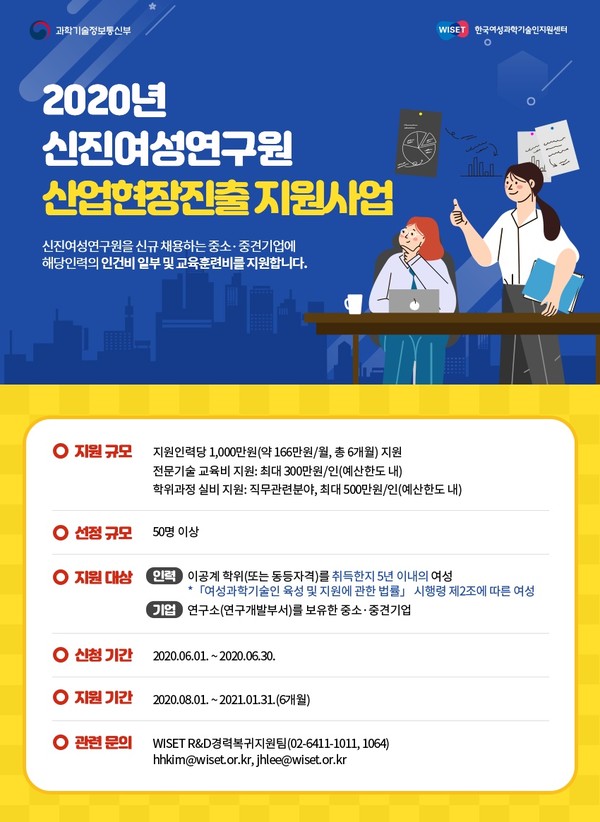 2020년 신진여성연구원 산업현장진출 지원사업 참여인력·기업 모집 포스터