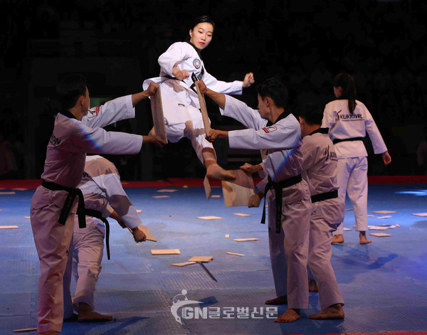 ‘2019 평창 세계태권도한마당’ 개회식에서 선보였던 국기원태권도시범단의 축하공연 장면.