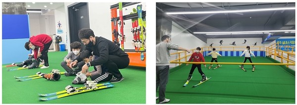 부추착용모습(왼), 중급자 오토슬로프 강습(오)