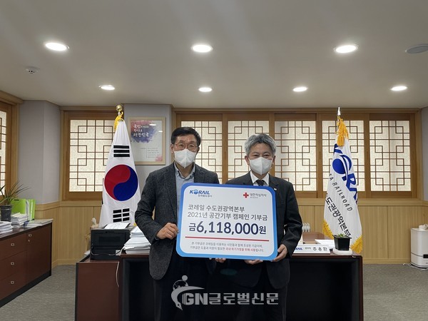 주용환 수도권광역본부장(왼쪽)이 손일수 대한적십자사 경기도지사(왼쪽) 사무처장에게 기부금을 전달하고 있다.
