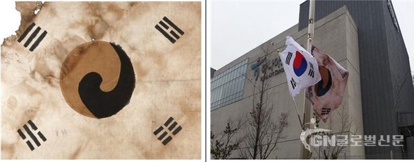 ▲진관사 태극기(보물 제2142호) ▲가로기 게양 모습