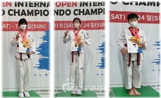 왼쪽부터 1위 금메달 –44kg 천문별(진제초 6), -37kg 김진유(진남초 5), -39kg 남의희(효덕초 4)