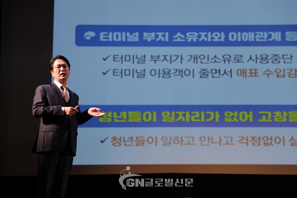 심덕섭 고창군수가 19일 문화의전당에서 터미널 도시재생혁신지구 사업을 설명하고 있다.