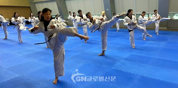 직무연수에 참여한 교원들이 실기 교육에 참가하고 있다(태권도원 도약센터 나래홀)