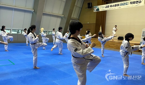 태권도원에서 진행한 교원 특수분야(태권도) 직무연수에 참가한 교원들이 지도사범을 따라 발차기와 주먹 지르기를 하고 있다(2023년도 하반기 직무연수 사진)
