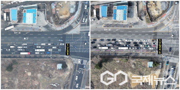 등기소 앞 사거리 교통체계 개선(왼쪽 개선 전, 오른쪽 개선 후)(사진=용인시)